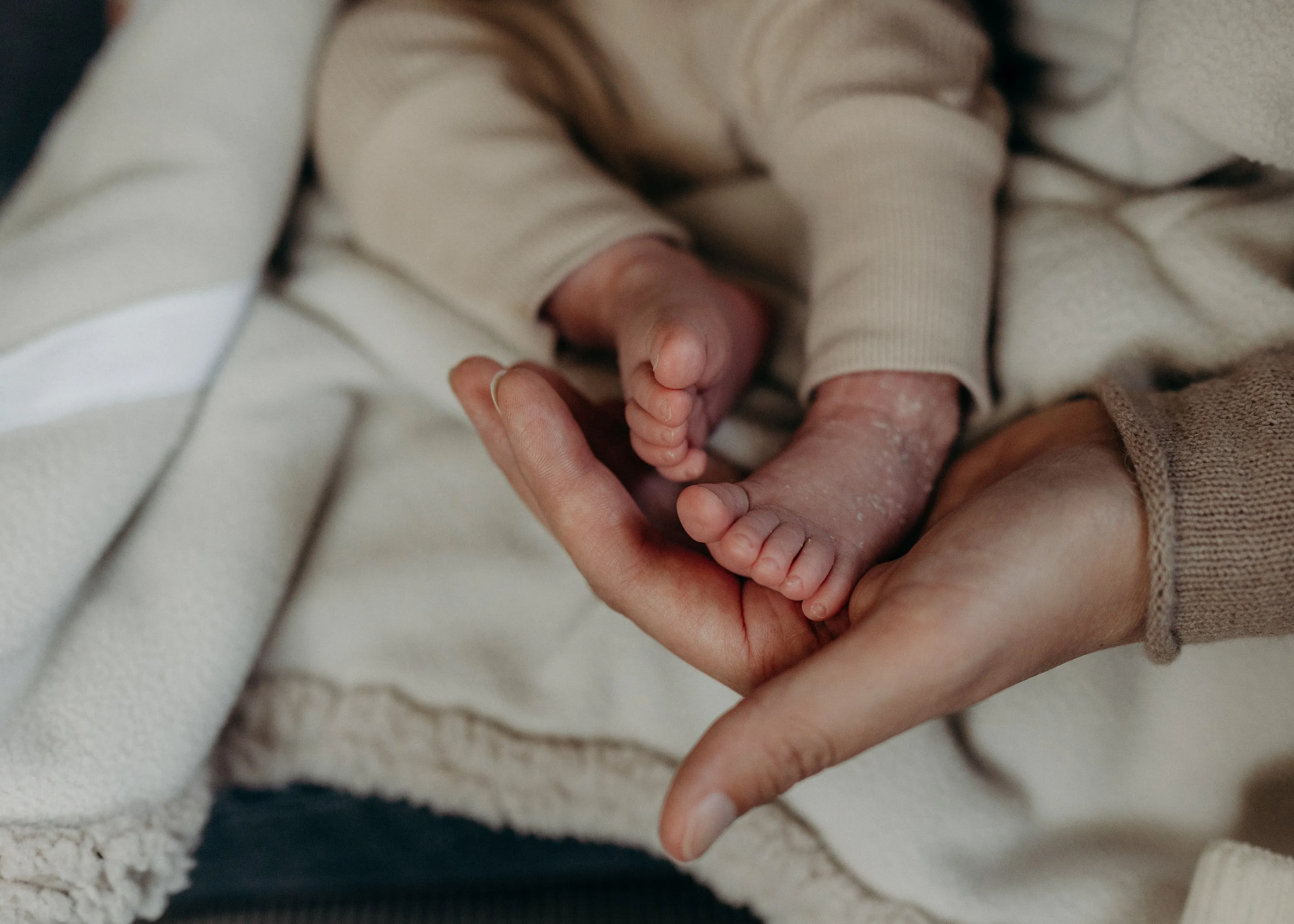 Voetjes van een pasgeboren baby in de handen van een ouder